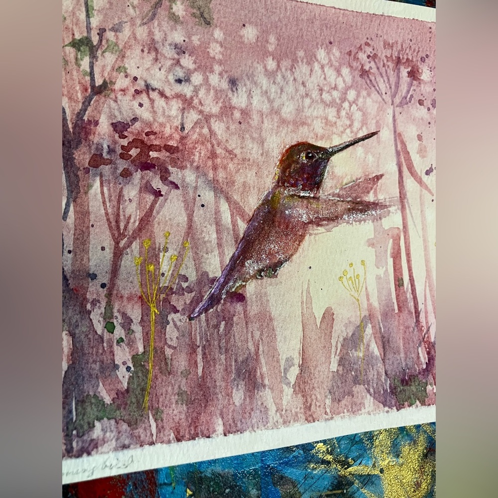Original painting Hummingbird watercolor art shh sunset handmade bird nature EAE - Picture 4 of 5